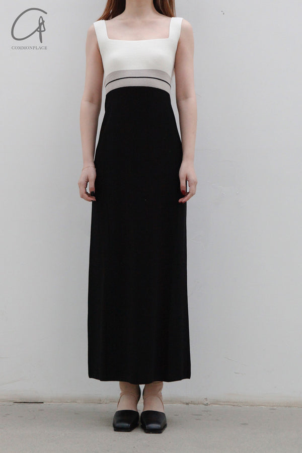 SWAYING/KNIT seamless contrasting color square collar vest skirt SW23SS2L04 black/white/linen